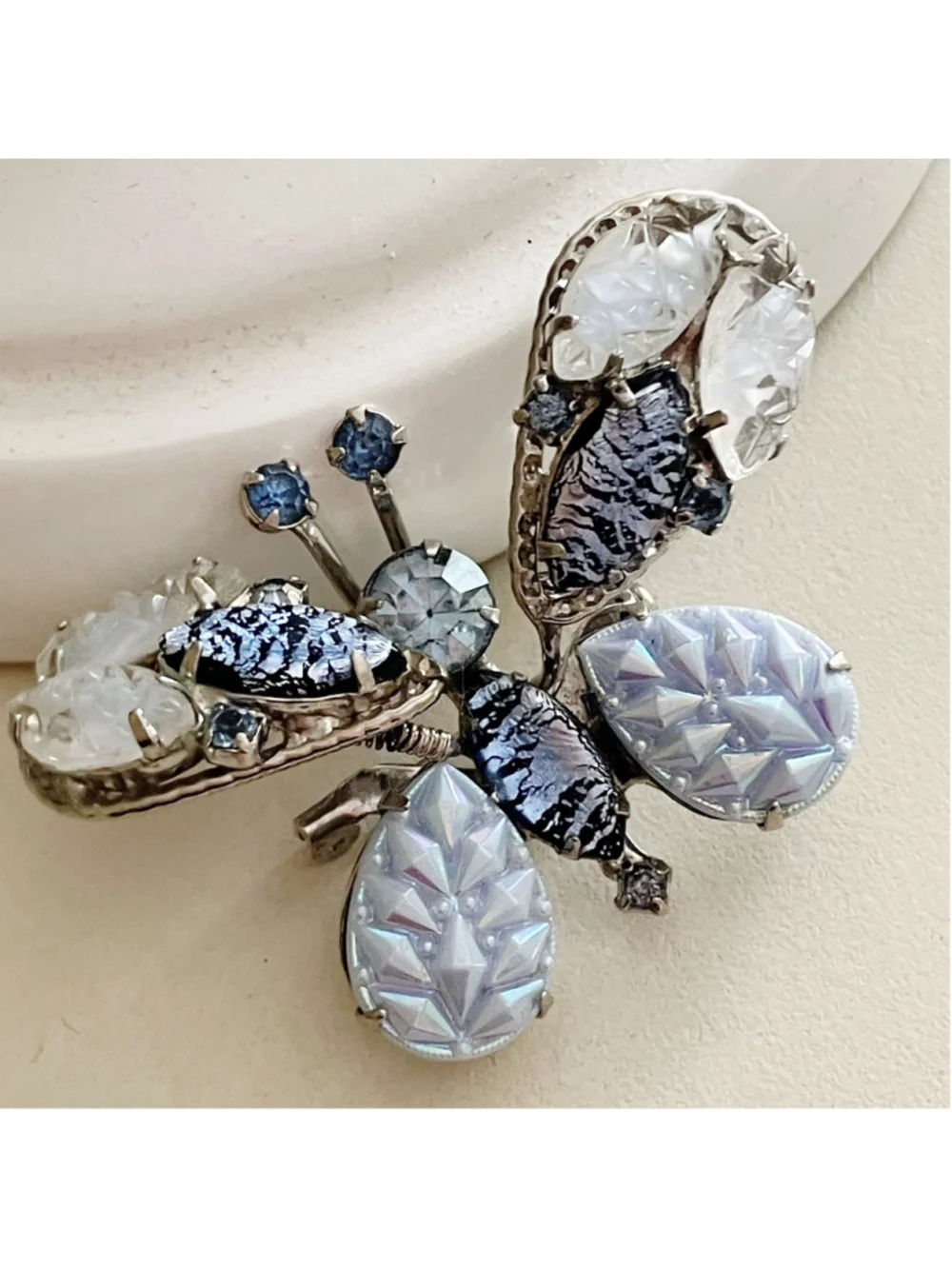 Vintage Butterfly Trembler Brooch Silver Filigree Foil Glass Stones Molded Art